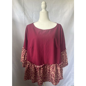Peplum Flowy Red Blouse Leopard Print Boho Ruffle Hem Short Sleeve Plus Size